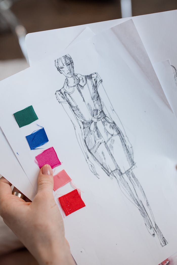 A person holds a dress sketch with a collared neckline and sash waist, alongside four fabric swatches: green, blue, pink, and red.