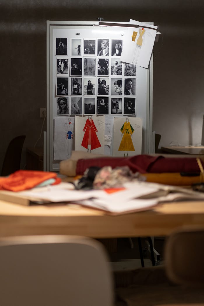 A cluttered workspace features a bulletin board with photos and dress sketches, while the desk is filled with art supplies for a creative project.