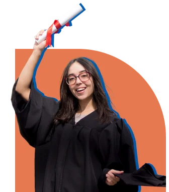 A young woman in graduation robes and glasses smiles, holding a diploma and cap against an orange geometric background.