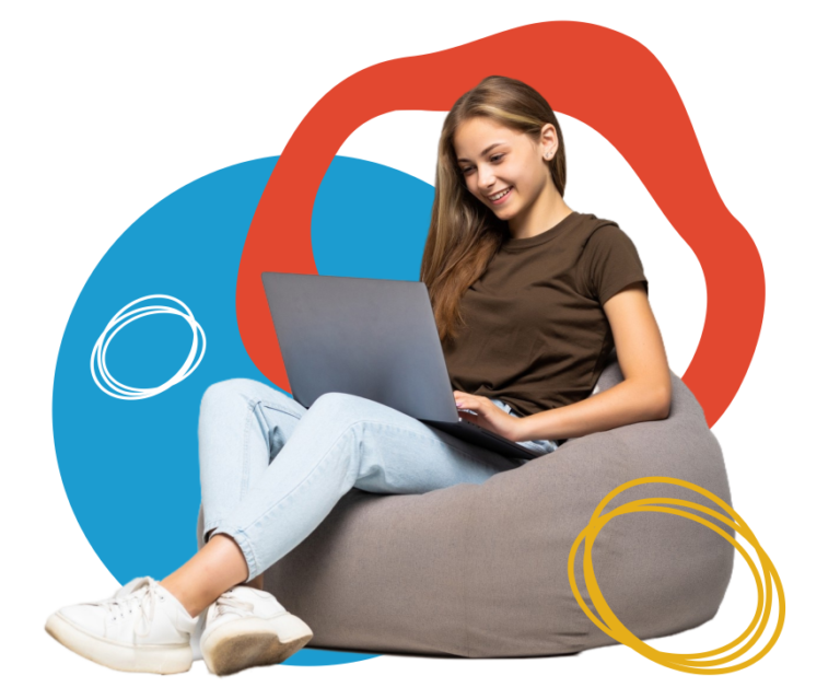 A young woman sits on a gray beanbag, smiling at a laptop in her lap, wearing a brown t-shirt and blue jeans, with abstract shapes behind her.