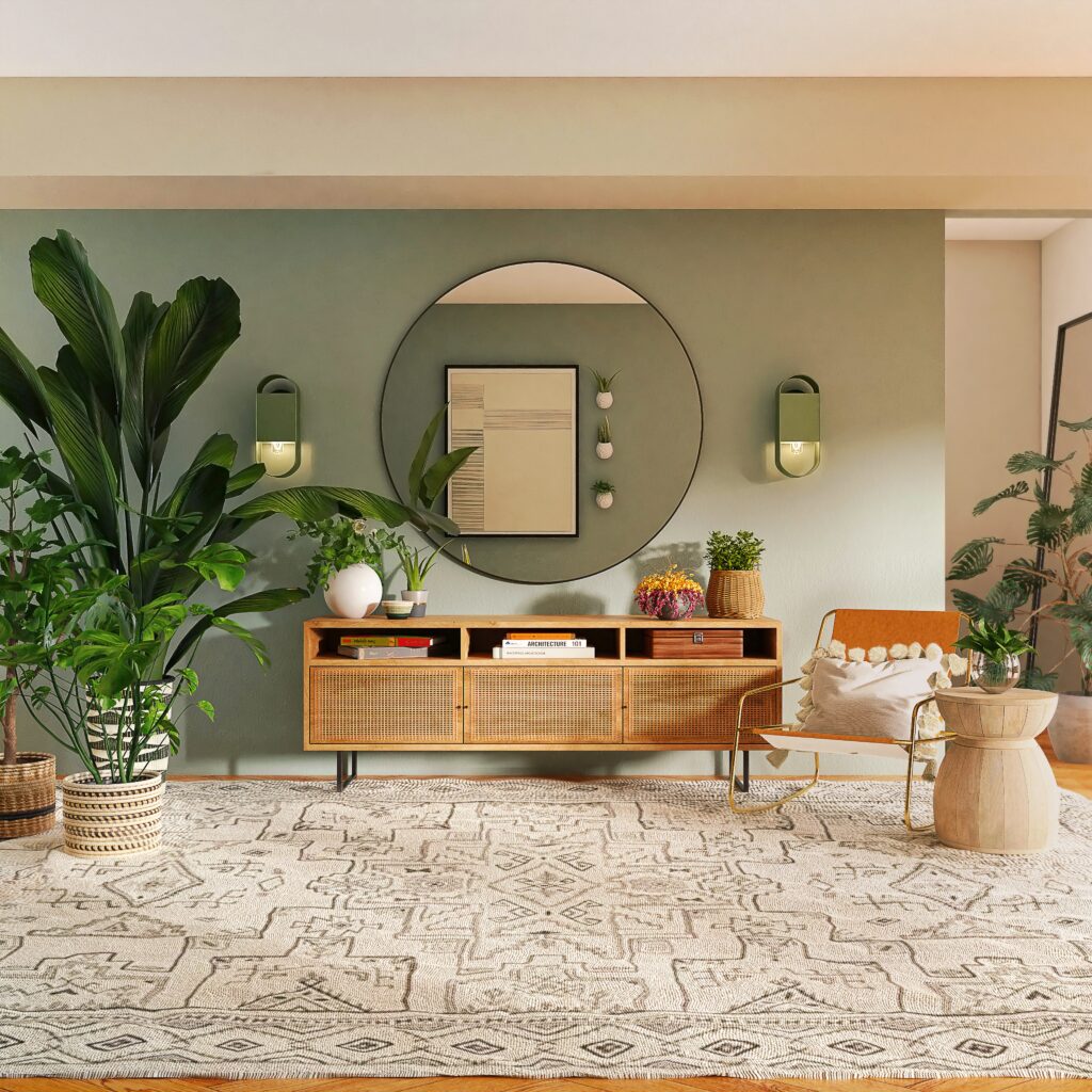 Stylish living room with a round mirror, wall lights, woven console, plants, and a wicker chair against a muted green wall.