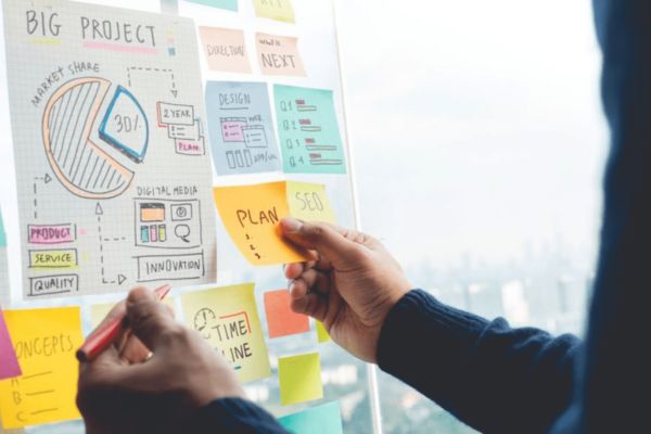 Close-up of hands sticking colorful post-it notes with terms like "BIG PROJECT" on a glass wall, with a blurred cityscape behind.