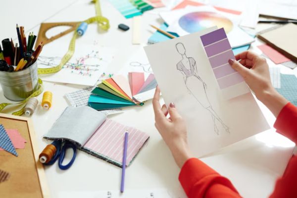 A person holds a fashion sketch and color swatches at a cluttered workspace filled with tools, fabrics, and Pantone cards.