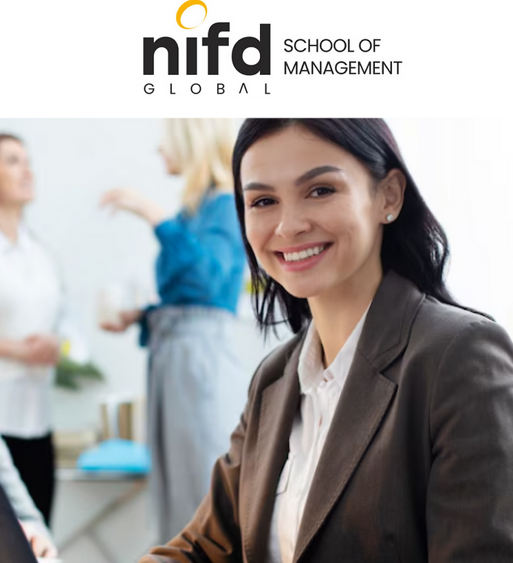 A woman in a business suit smiles in front of a "NIFD Global School of Management" logo, with three people blurred in conversation behind her.