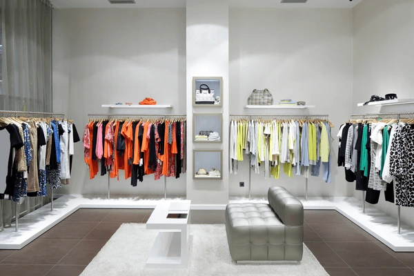 A modern boutique with colorful women's apparel, a silver bench, white coffee table, and gray carpet, plus shelves of bags.